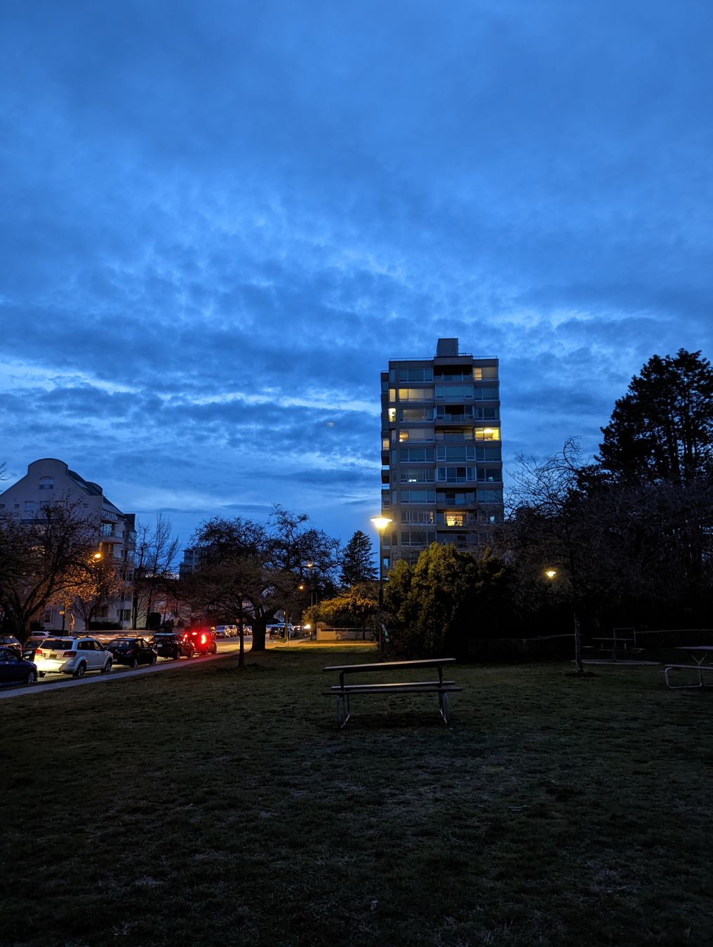 A park bench and table on the grass after sunset, with a cloudy blue sky in the background