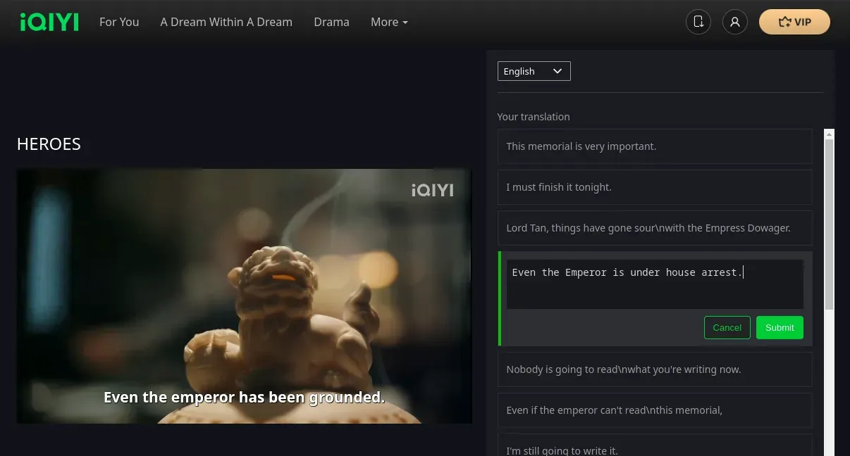 Heroes om iQiyi - me submitting edits to the subtitles