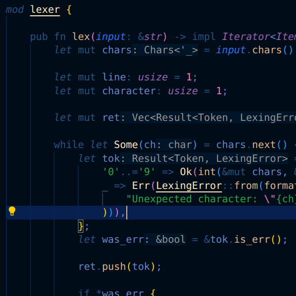 Screenshot of Rust code on VSCodium. Showing a 'lexer' module with a 'lex' function that taxes a string and then returns an iterator of Items. The code is mostly blue and yellow, on a blue background.